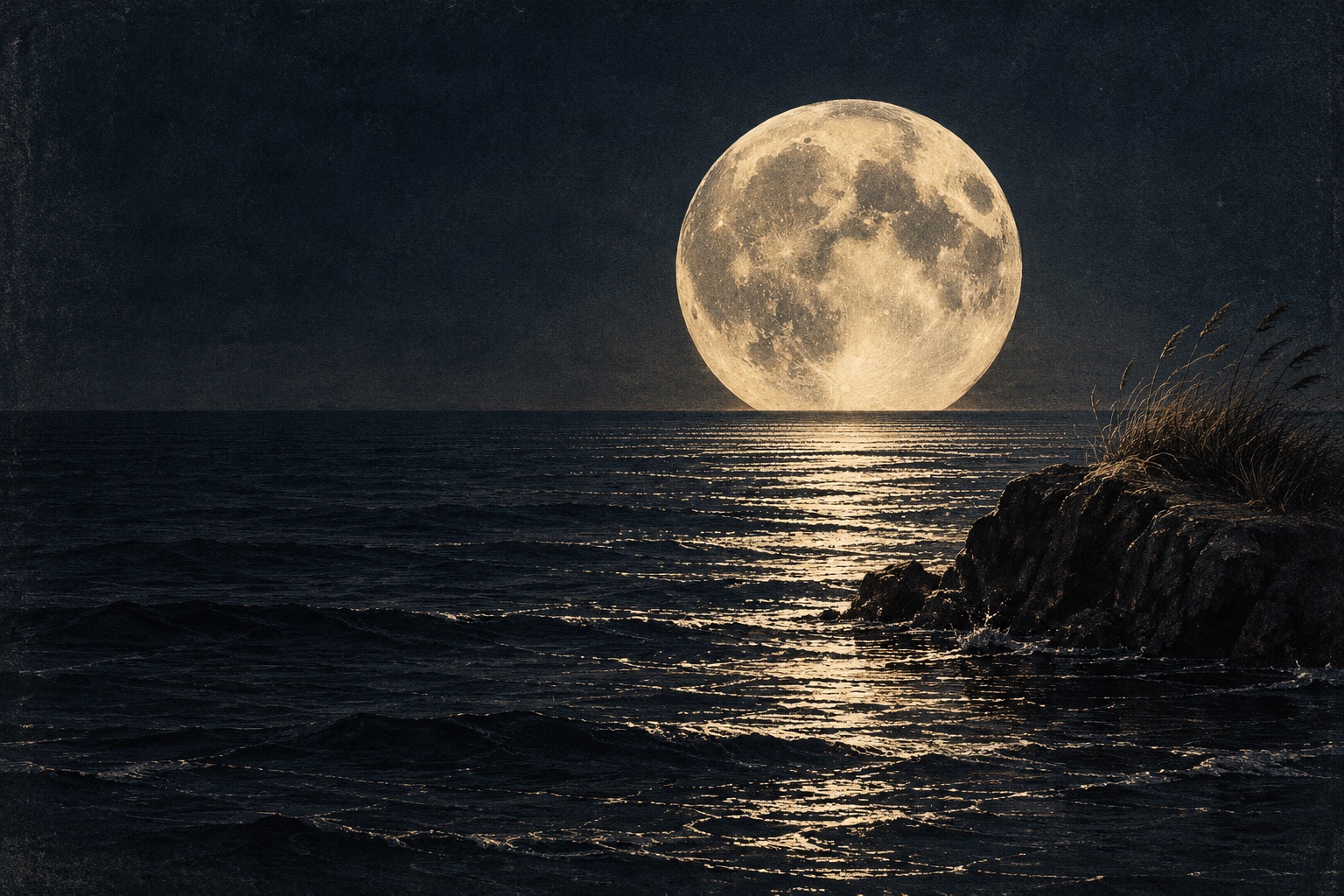 An ivory full moon over an ink-blue sea, with reflected light and grasses on a rocky shore